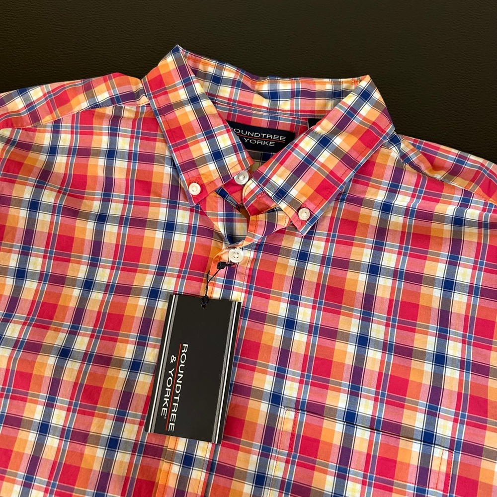 Roundtreeโ & Yorke Plaid Shirt Button Up Short Sleeve Casual Colorful Mens Large